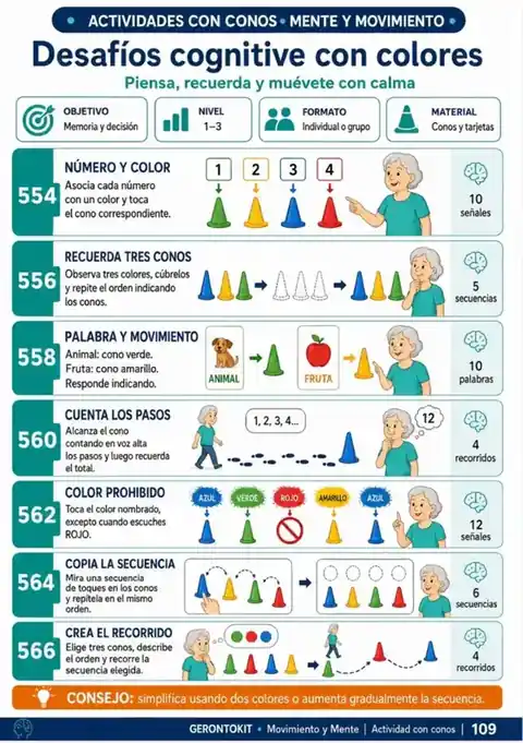 Página de desafíos cognitivos con colores y conos