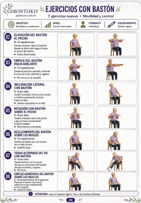Página de ejercicios con bastón para movilidad y control